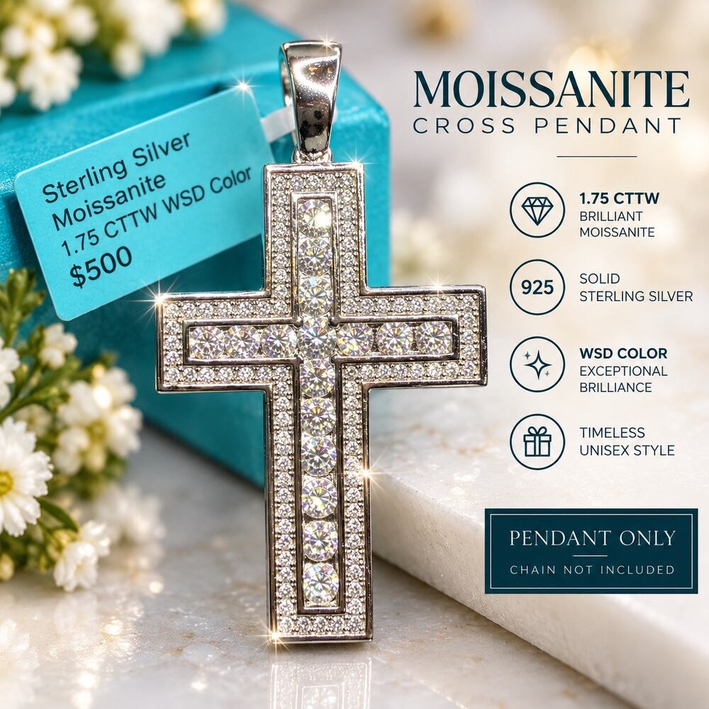 NWT 1.75 CTW Moissanite Cross Pendant 925 Sterling Silver Large Iced Out Unisex